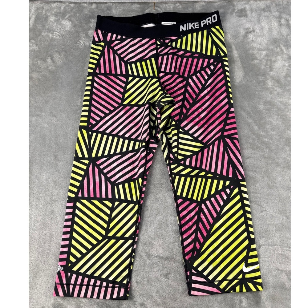 Nike Leggings Womens L Nike Pro 658365-612 Yellow Pink Geometric EUC